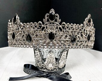 Corona Reale Uomo Con Strass Neri – Altezza 6,6 Cm, Diametro 15 Cm, Per Compleanni, Matrimoni, Cosplay, Halloween