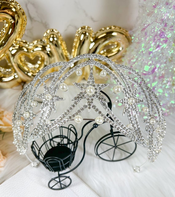 Star Princess Wedding Crown, Pearls Bridal Tiara, Silver  display picture 1