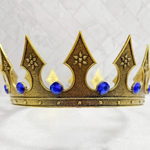 Coroa clássica vintage, coroa de ouro real, coroa renascentista real, acessório para fantasia de Halloween, coroa para fantasia medieval, coroa de pedra azul