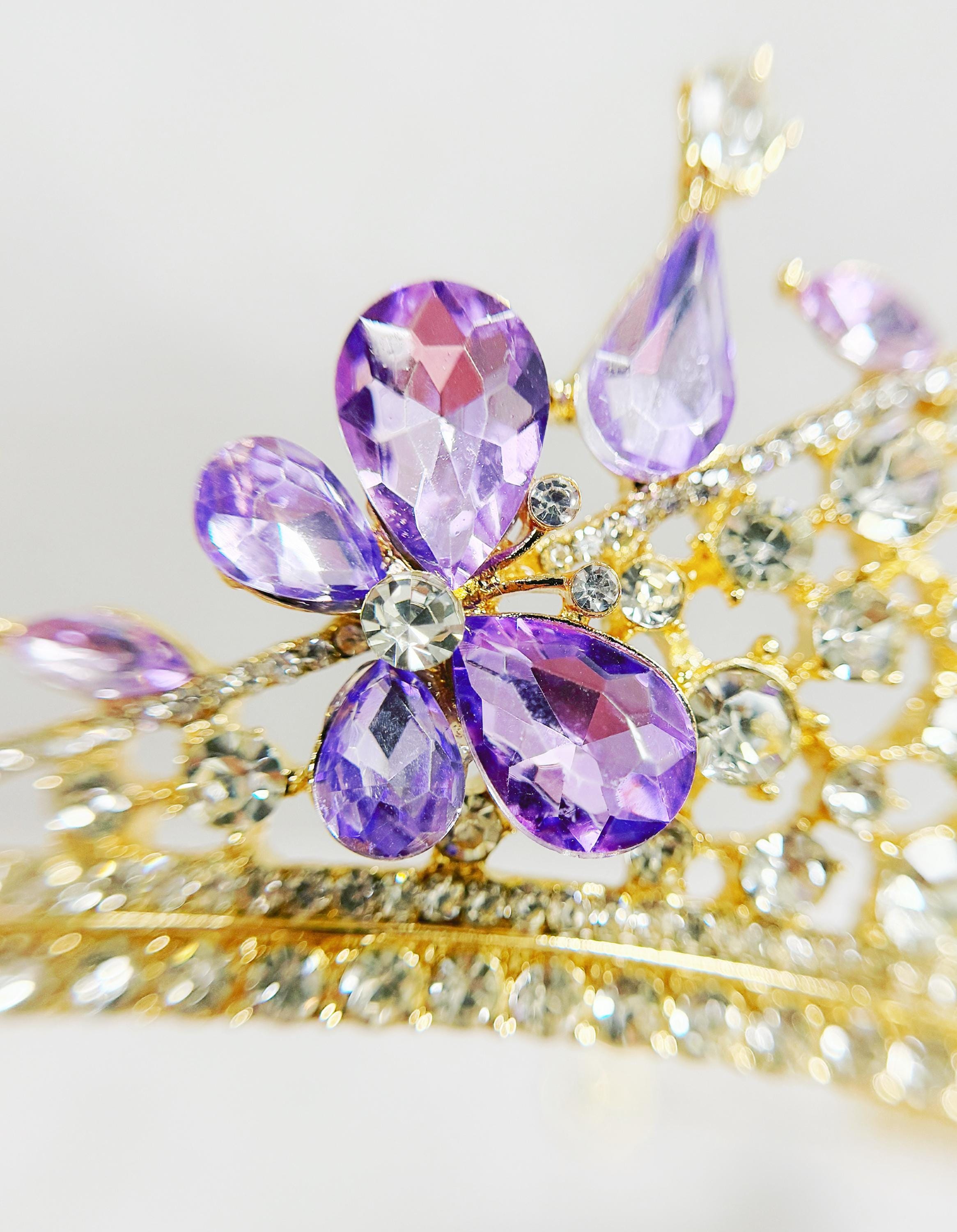 Lavender Crystal Flower Crown, Gold Princess Tiara for 