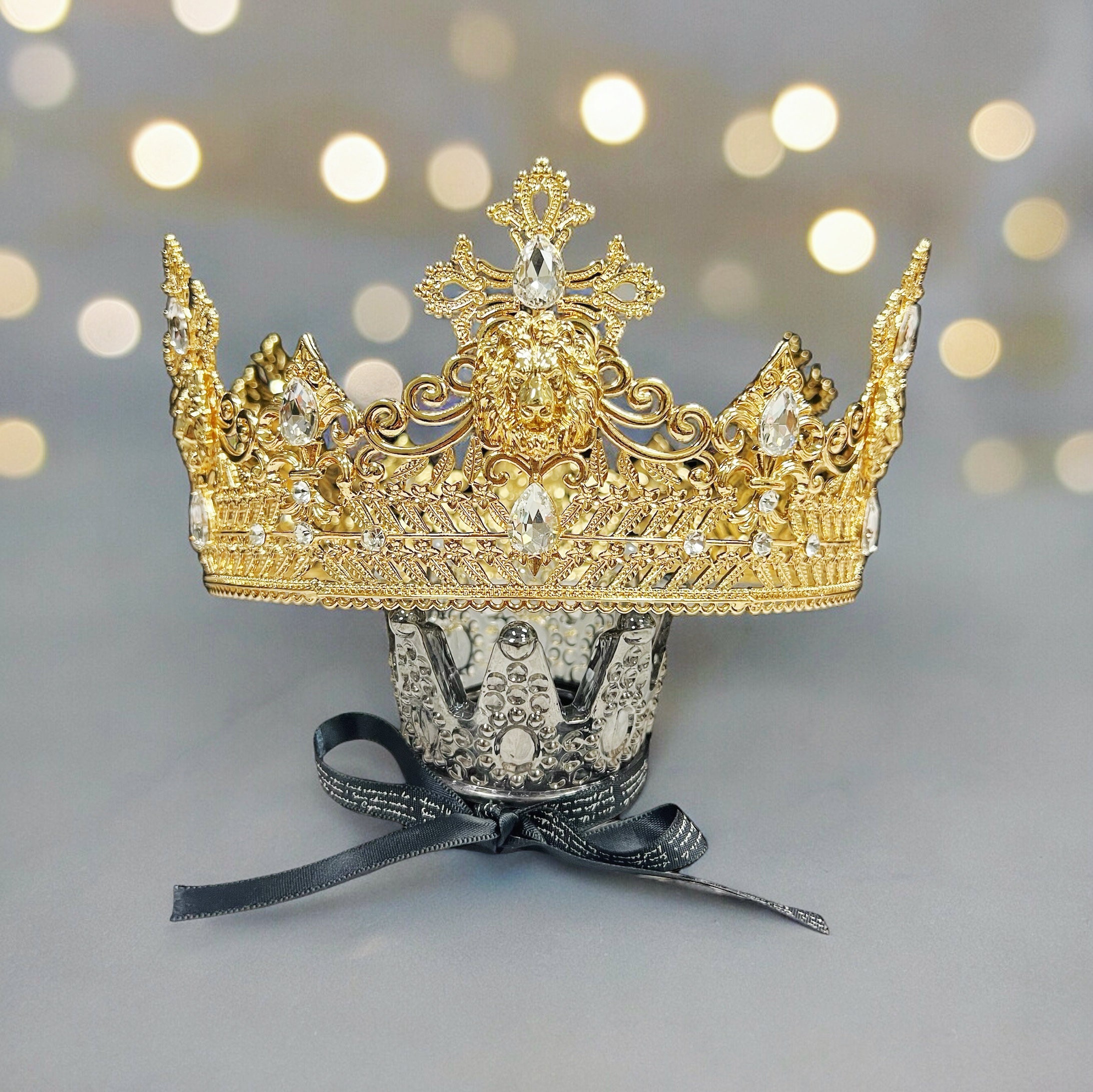 Silver Lion King Crown, Prince Wedding Headpiece, Blue Crystal Crown for Groom Royal King Crown: Blue Crystal Silver Rhinestone Costume  main image 3