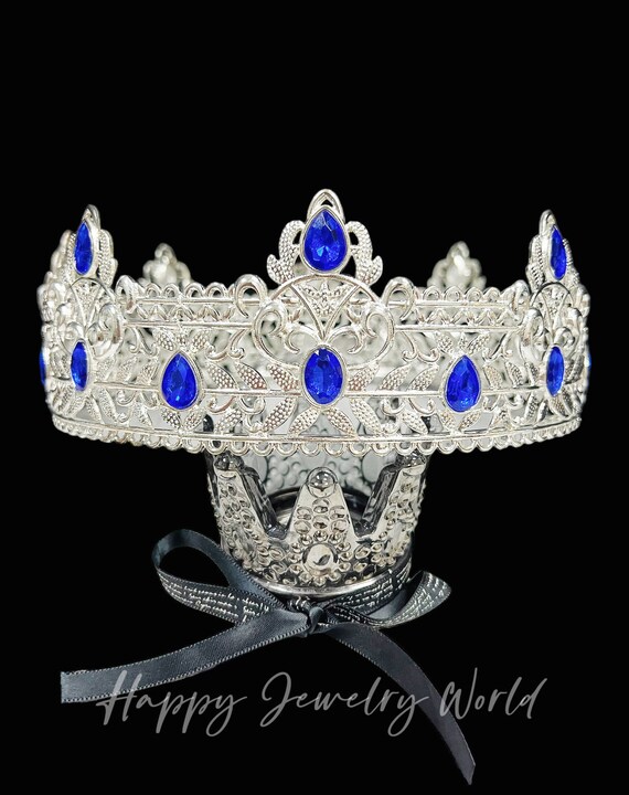 Royal King Crown: Blue Crystal Silver Rhinestone Costume 