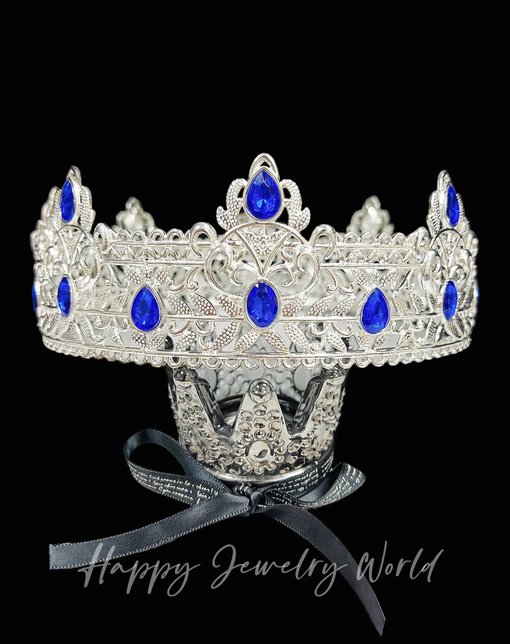 Royal King Crown: Blue Crystal Silver Rhinestone Costume 