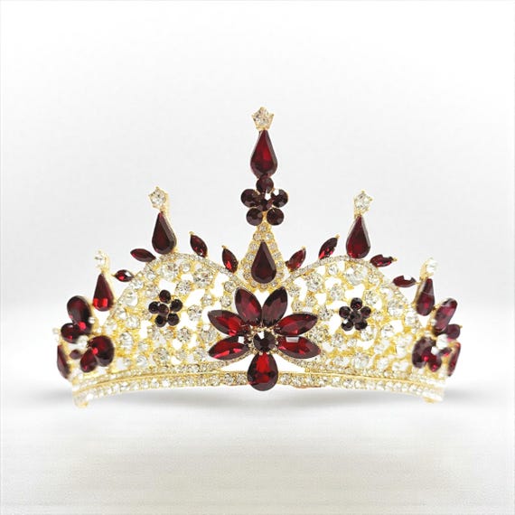 Burgundy Crystal Flower Crown, Gold Princess Tiara, Birthday  display picture 1