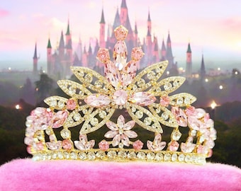 Handmade Pink Flower Rhinestone Gold Crown Pink Tiara Crown for Women, Wedding Tiara for Bride Queen  main image 4