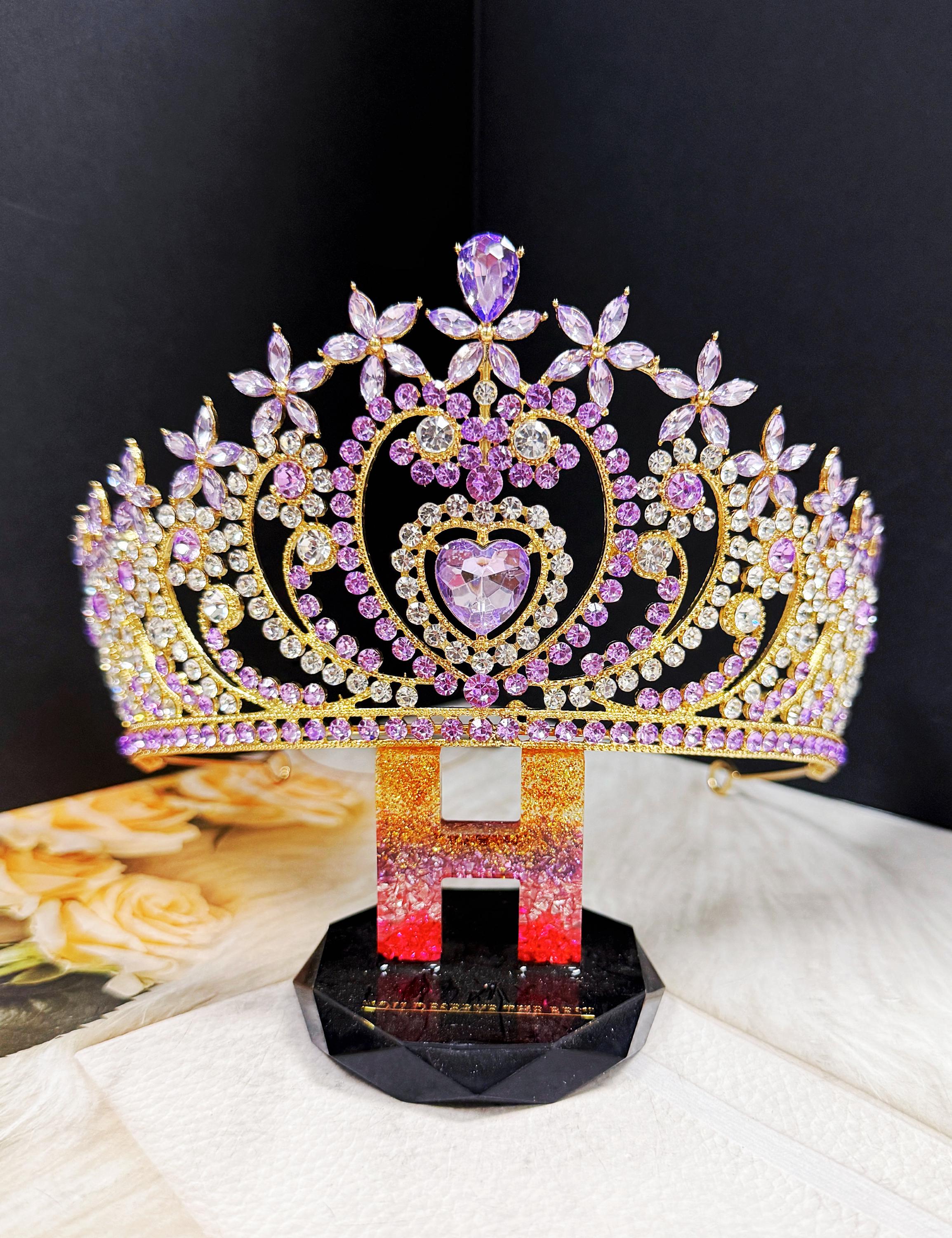 Crystal heart tiara, gold tiara, purple stone Tiara, Bridal tiara, Party crown Crystal Tiara - Elegant Purple Amethyst Queen Crown  main image 4