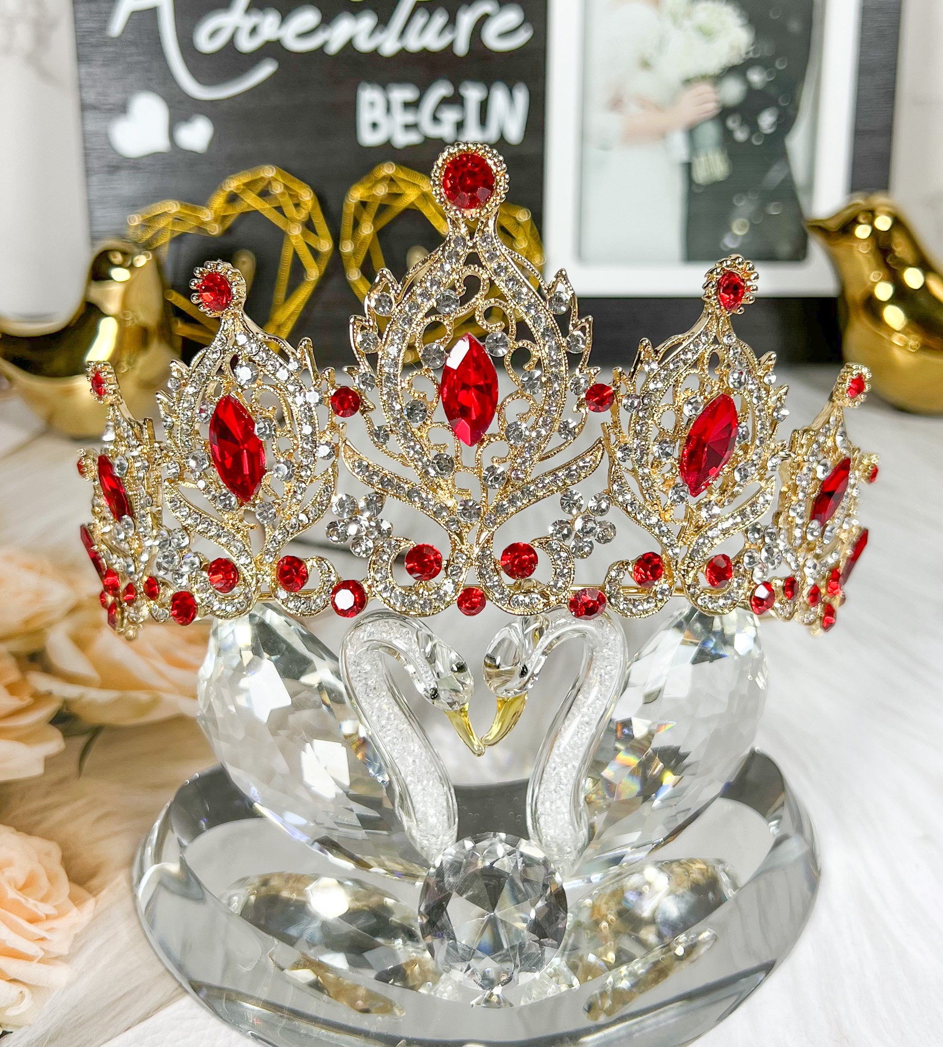 Queen of Heart Tiara, Red Heart Crown, Fairy Headband, Quinceanera Headpiece Red Heart Rhinestone Crown: Valentine main image 4