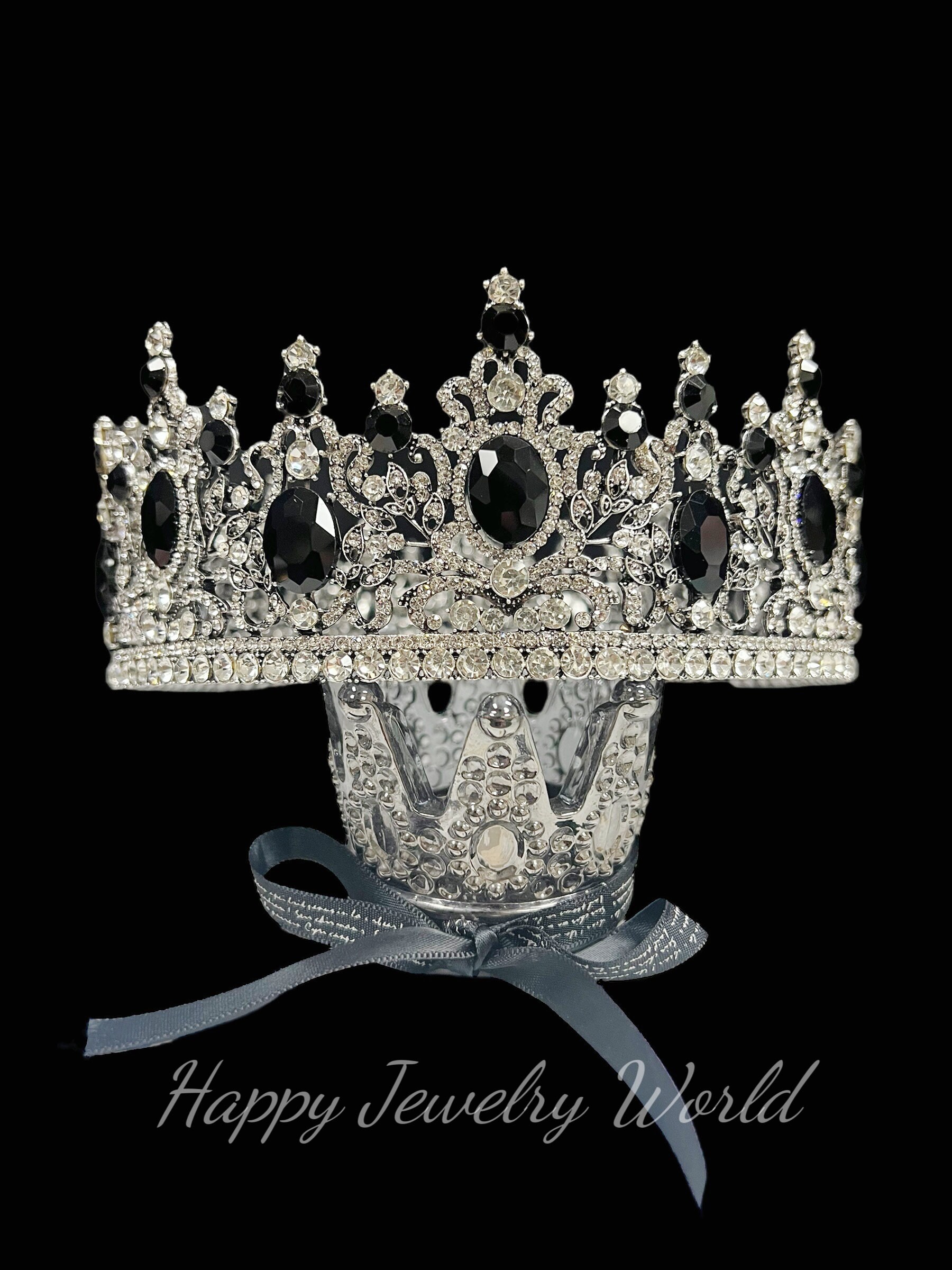 Luxury Silver Crown, Royal Gothic Crown, Black Crystal Crown, Beaded XL Crown Royal King Black Crystal Crown, Wedding Silver Crown  main image 2