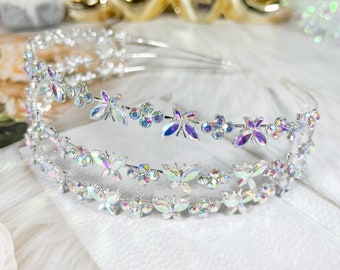 Bridal Wedding Rhinestone Butterfly Headband, Silver Crystal Tassel Headpiece, Bridesmaid Hair Jewelry, Princess Birthday Party Hairpiece