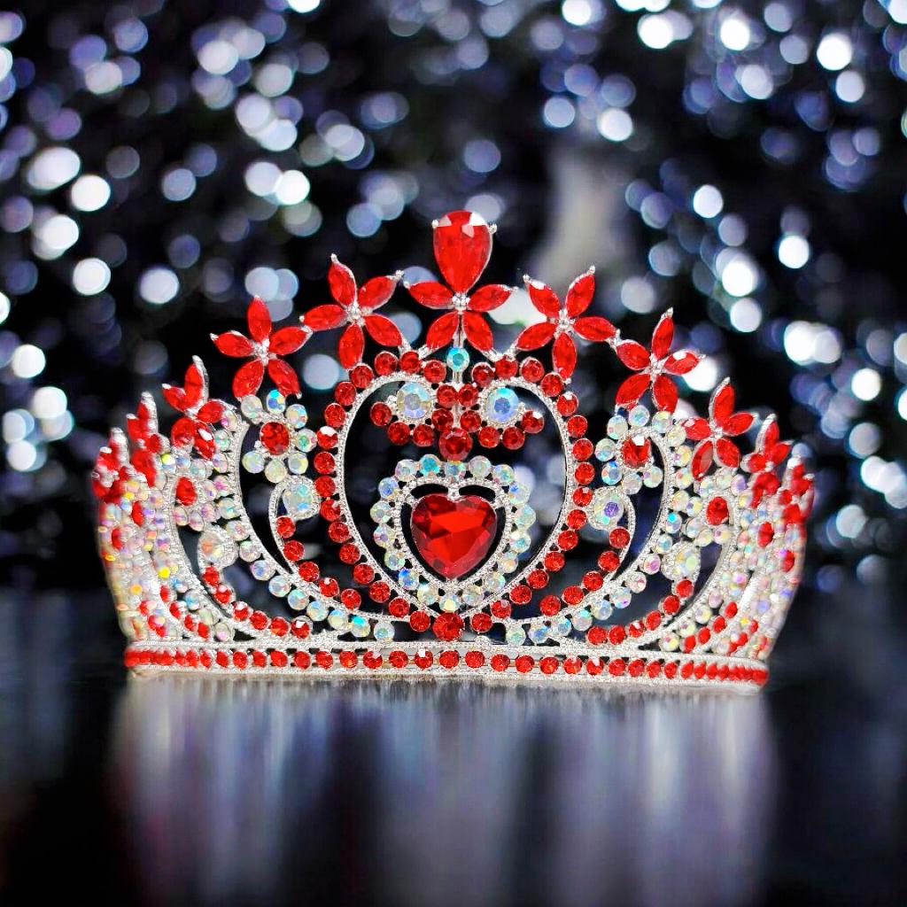 Crystal Heart Tiara: Silver Bridal Headband With Red Stone 
