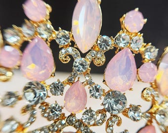Gold Tiara Crown with Pink and Blue Gemstones - Women Accessories Rainbow Rhinestone Gold Tiara: Pride Parade Princess Crown  main image 2