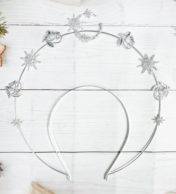 Sparkly Moon Halo Crown Headband Silver Star Rhinestones for Women Gothic Lace Halo: Moon Goddess Crown, Stars & Silver  main image 2