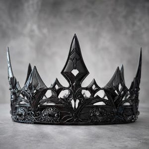 May include: A glossy black crown featuring a series of tall, sharp, pointed spikes and intricate cut-out metalwork. The base is adorned with a repeating pattern of circular, faceted black stones set within detailed, textured metal frames.