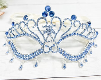 Blue Crystal Rhinestone Masquerade Mask: Mardi Gras Party Mask