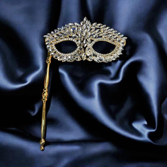 Gold masquerade mask, Diamond Crystal Mask, Masquerade Wedding mask, Stick Mask s-l400.jpg main image 3