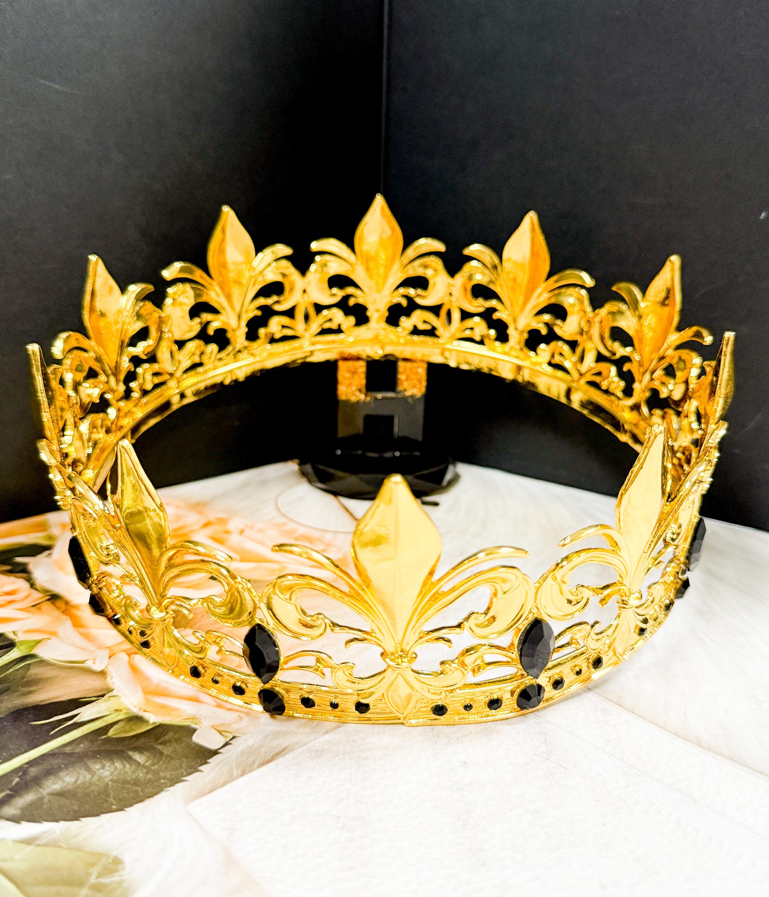 Vintage Gold Tiara Metal Royal King Crown Jeweled Fleur De Lis Costume Headpiece Men main image 2