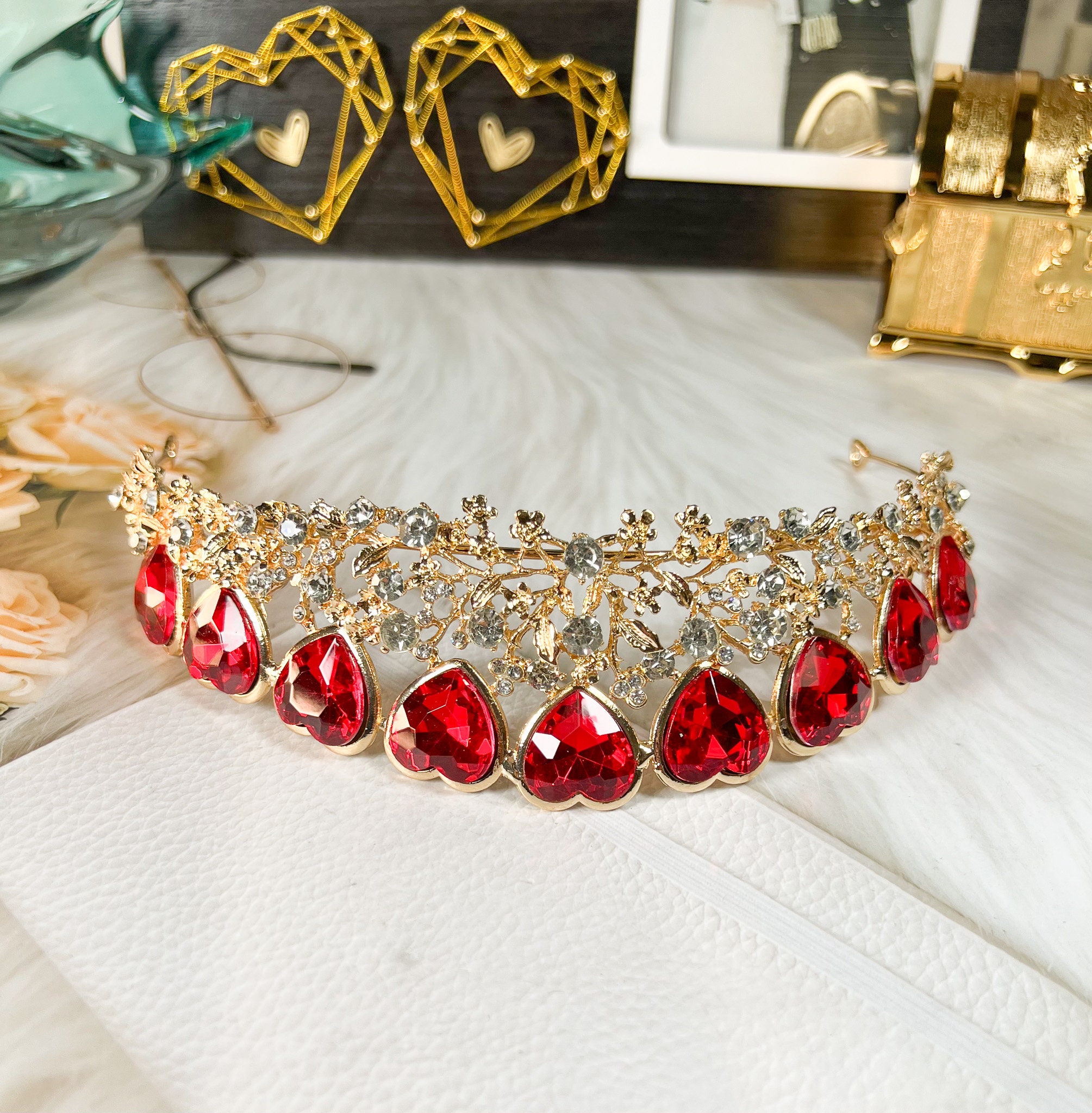 Queen of Heart Tiara, Red Heart Crown, Fairy Gold Headband  display picture 1