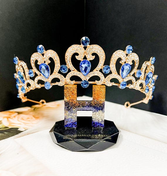 Blue Rhinestone Heart Tiara: Gold Princess Party Crown - Etsy display picture 2