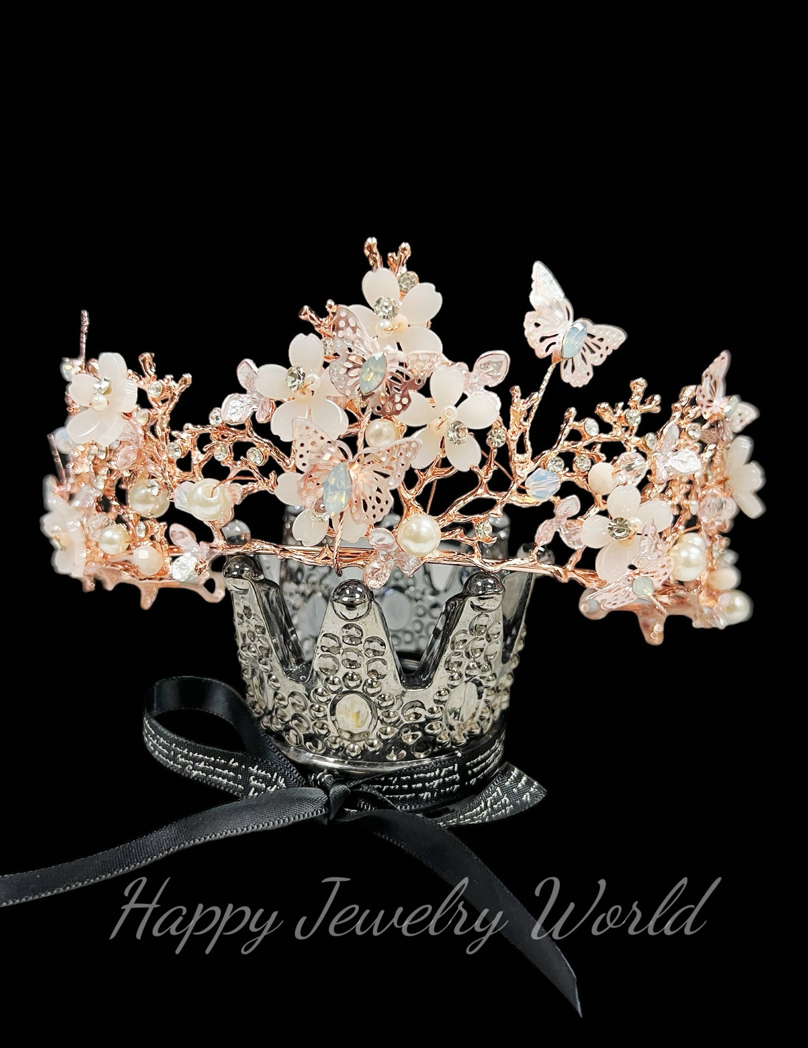 Rose Gold tiara with butterfly, Gold Pearl Crown, Wedding crown, Bridal Tiara, Crystal tiara, Flower Girl Crown, Birthday Butterfly Crown