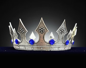 Vintage Silver Crown with Blue Rhinestones, Medieval Royal Prince Wedding, Renaissance and Cosplay Headpiece