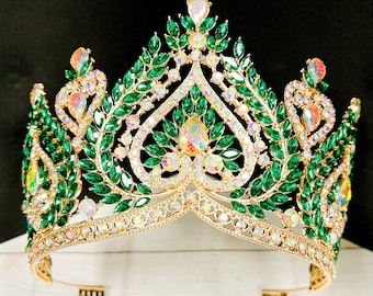 Green Crystal Queen Crown: Rhinestone Pageant Tiara (XL)