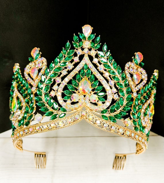 Green Crystal Queen Crown: Rhinestone Pageant Tiara (XL) - Etsy display picture 3