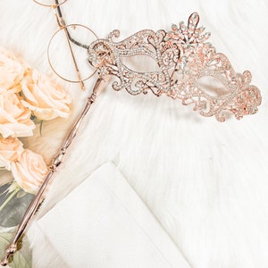 Rose Gold Masquerade Mask, Clear Crystal Masquerade Mask with Stick, Venetian Masquerade Mask, Theatrical Mask, Wedding Mask, Prom Mask