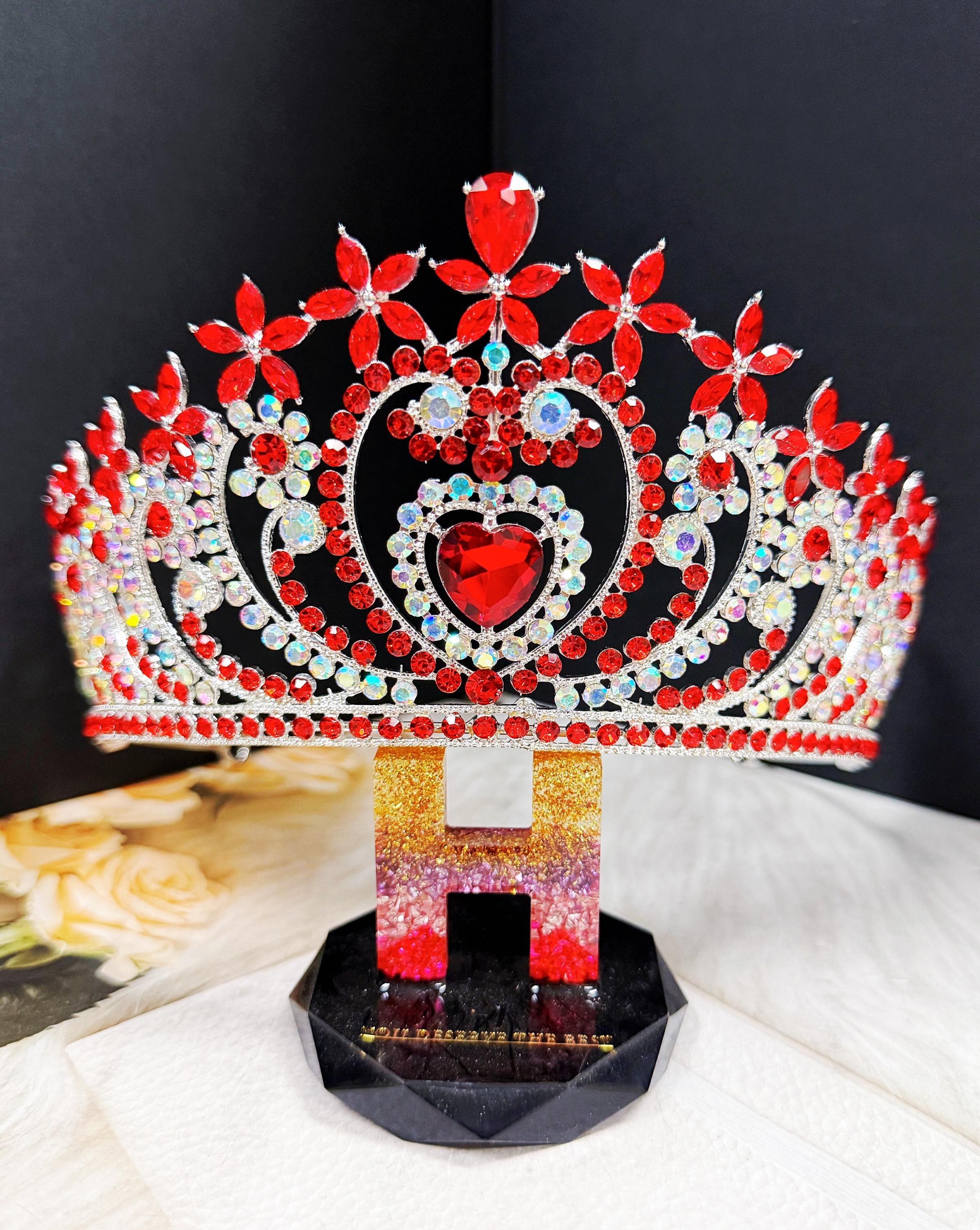 Crystal Heart Tiara: Silver Bridal Headband With Red Stone  display picture 2