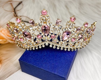 Princess Pink Tiara, Luxury Gold Crown, Elegant, Prom, Crystal Crown, Queen Tiara, Birthday, Quinceanera, Party, Pageant, Prom, Gift For her
