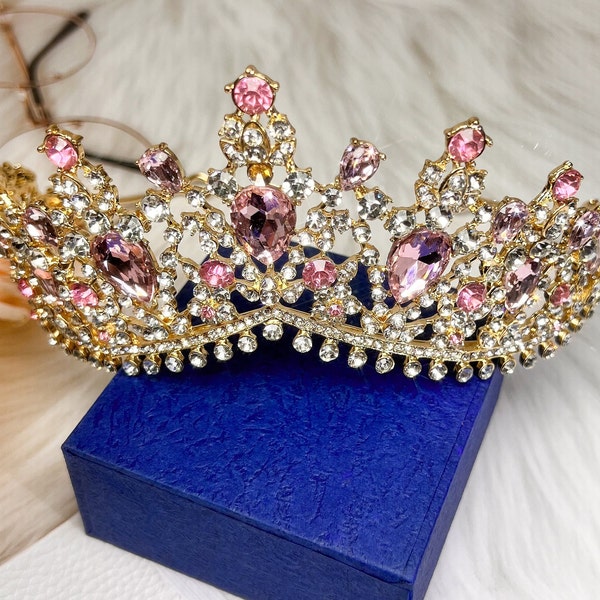 Princess Pink Tiara, Luxury Gold Crown, Elegant, Prom, Crystal Crown, Queen Tiara, Birthday, Quinceanera, Party, Pageant, Prom, Gift For her