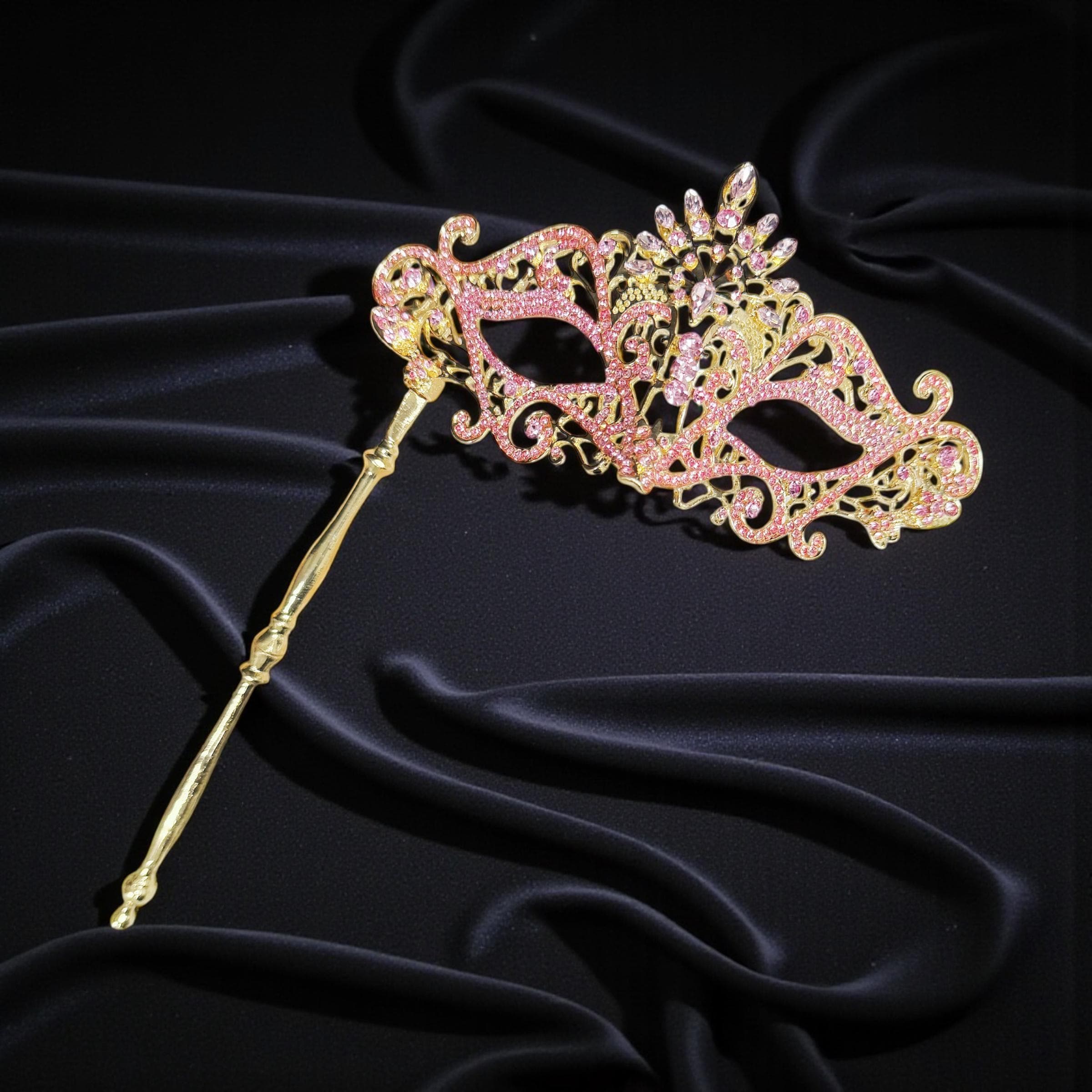 Pink Crystal Masquerade Mask with Gold Stick: Prom, Wedding Party