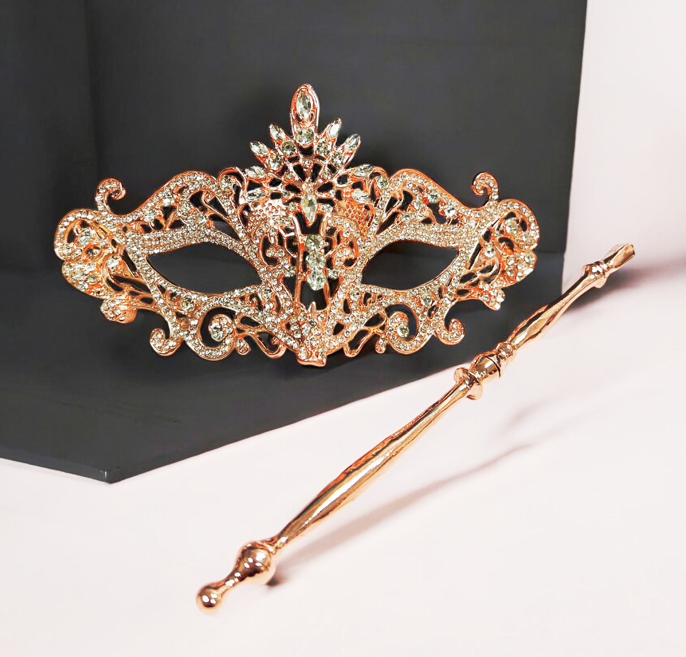 Rose Gold Masquerade Mask, Clear Crystal Masquerade Mask  Clear Crystal Masquerade Mask with Stick, Met Gala Rose Gold Mask, Theatre Mask main image 0