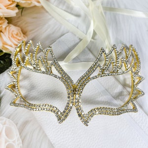 Gold Masquerade Mask, Venetian Mardi Gras Mask, Clear Crystal Party Eye Mask, Festival Mask, Carnival Mask, Masquerade Ball Mask, Prom Mask