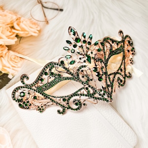 Maskeradmask Lyxig grön kristall, ögonmask med strass, elegant festmask, födelsedag, nyår, teater, Mardi Gras, bröllop, bal bild 2
