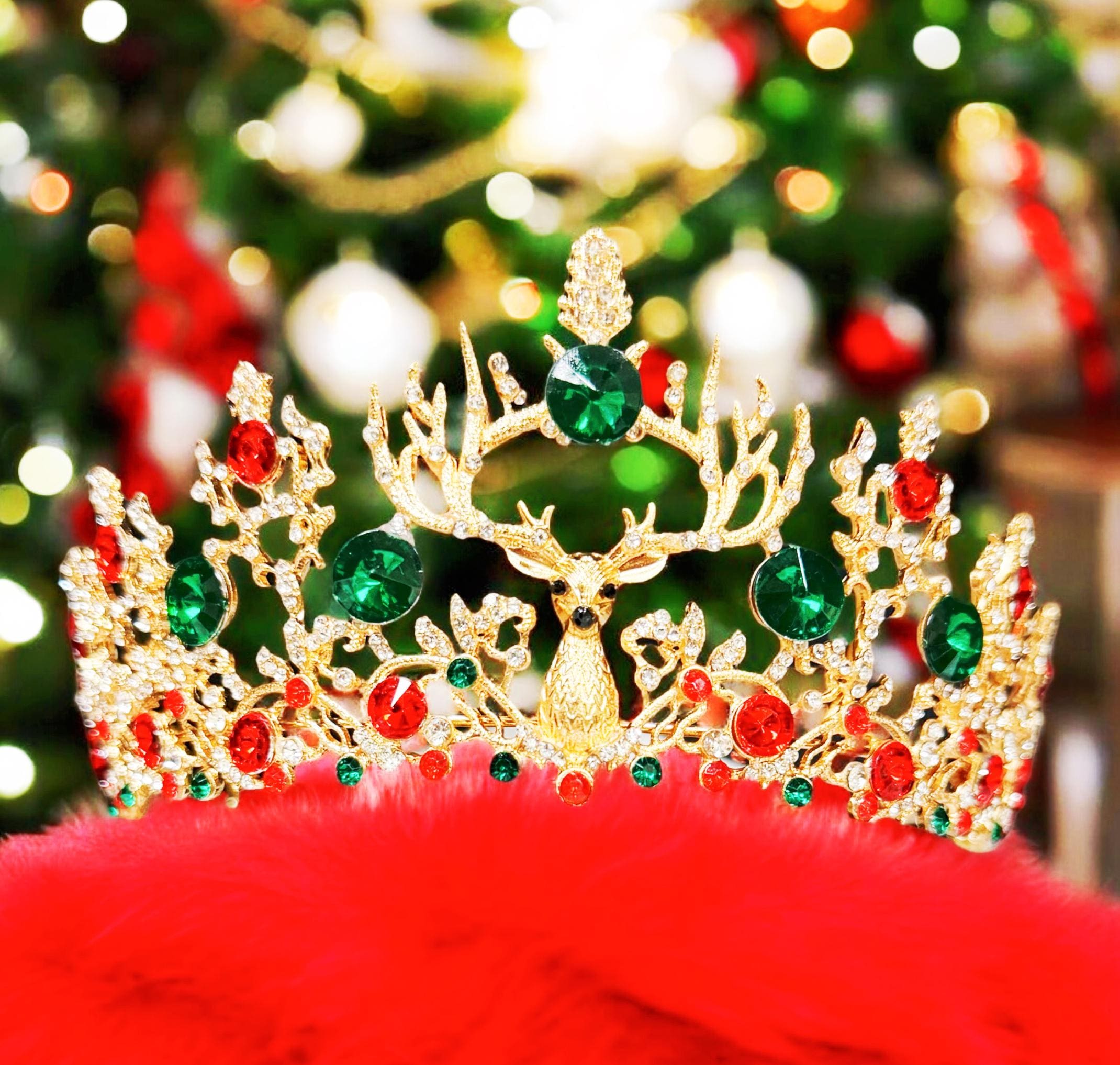Christmas Crown, Reindeer Crystal Tiara, White Christmas Party, Xmas Tree Topper Gold Antler Crown Winter Deer Tiara Festive Christmas  main image 4