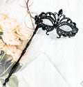 Black Crystal Butterfly Mask with Stick: Gothic Masquerade Ball