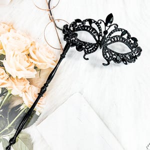 Butterfly Mask with Stick, Masquerade Ball Mask, Prom Mask, Met Gala Mask with Stick, Black Crystal Masquerade Mask, Goth Wedding Mask