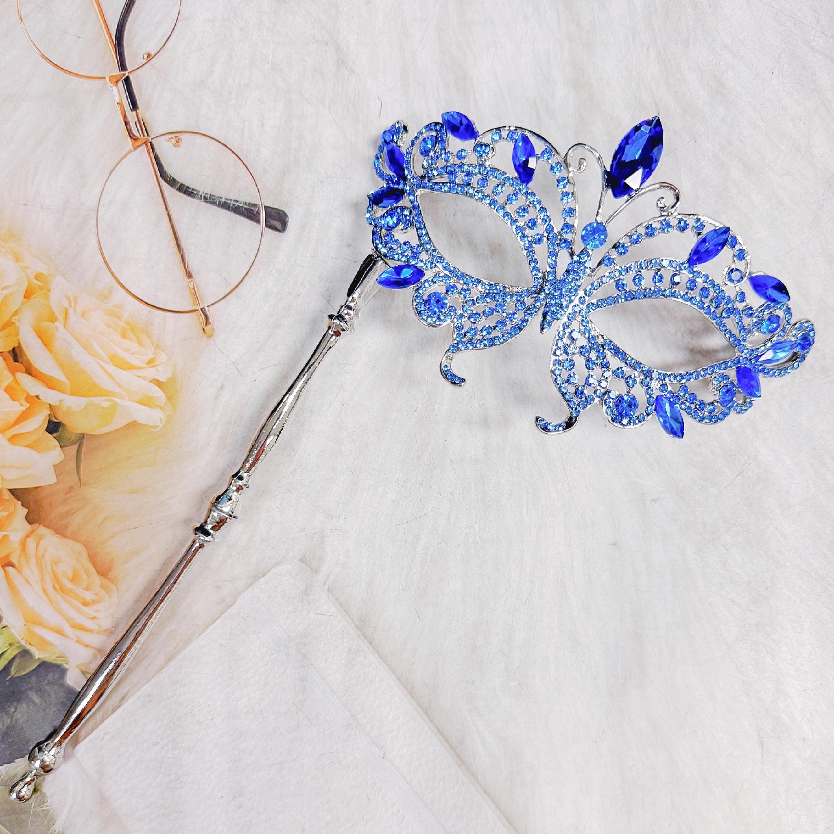 Blue Crystal Masquerade Mask with Stick, Rhinestone Face Jewelry for Met Gala, Prom and Venetian Ball