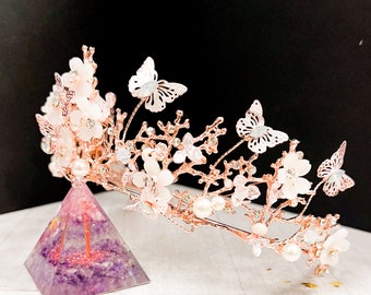 Rose Gold Tiara With Butterfly, Gold Pearl Crown, Wedding  display picture 3