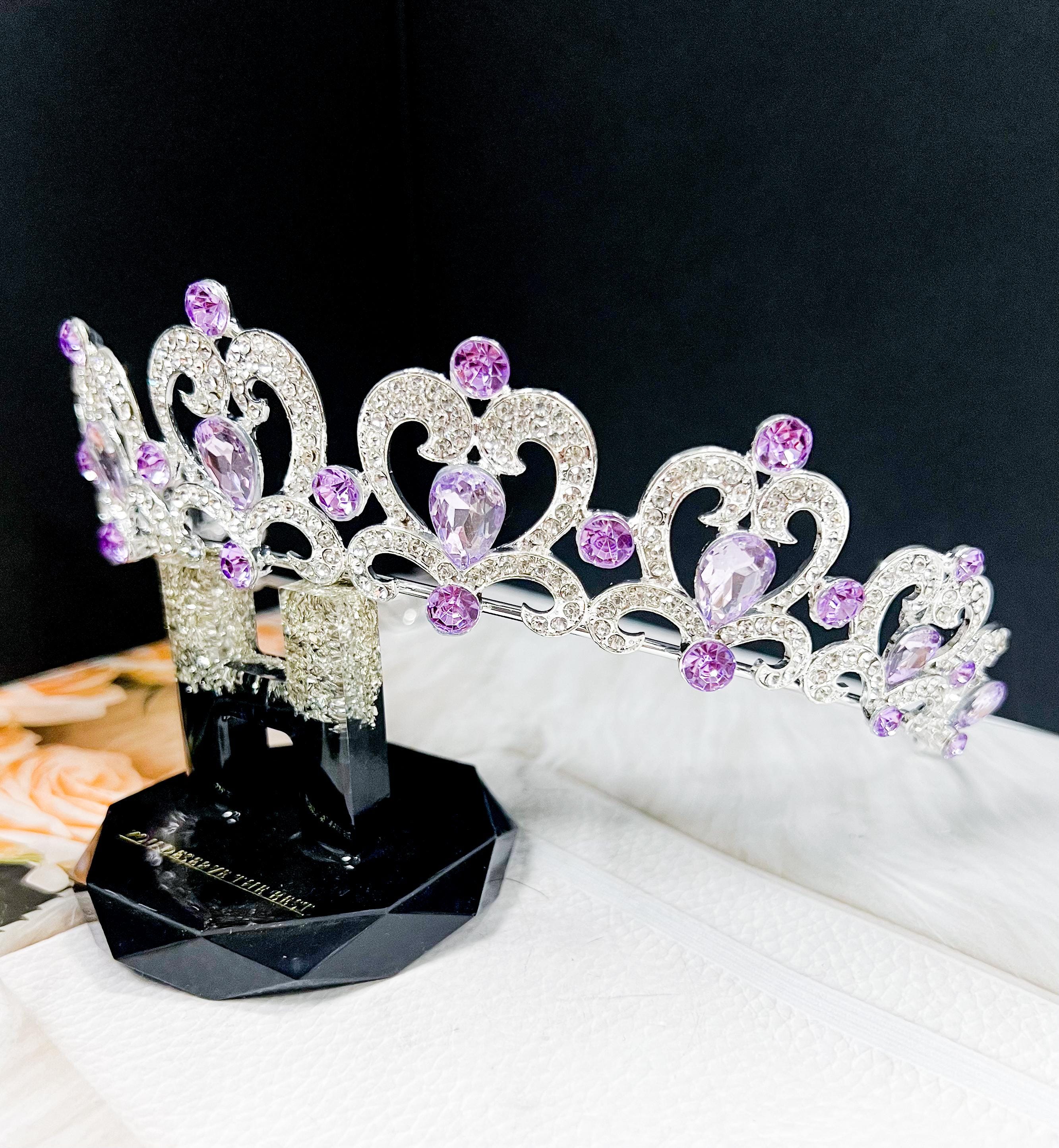 Crystal heart tiara, silver crystal tiara, purple stone tiara, Bridal headpiece Lavender Crystal Crown: Victorian Bridal Tiara, Silver Hair  main image 3