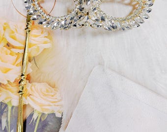 Clear Crystal Masquerade Mask with Gold Stick, Rhinestone Venetian Handheld Mask for Wedding, Prom, Mardi Gras and Costume Ball