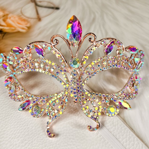 Butterfly Crystal Masquerade Mask, Wedding Party Gold Eye Mask, Cosplay, Costume, Masquerade Ball, Mardi Gras, Prom, Fashion Jewelry Gift