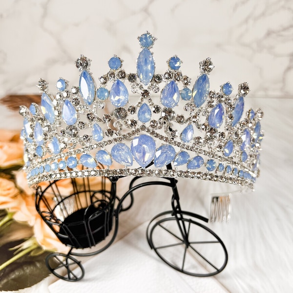 Queen Sky Blue Tiara, Princess Crown, Bridal Headpiece, Wedding, Pageant, Prom, Halloween, Birthday, Anniversary, Valentine, Christmas Gift