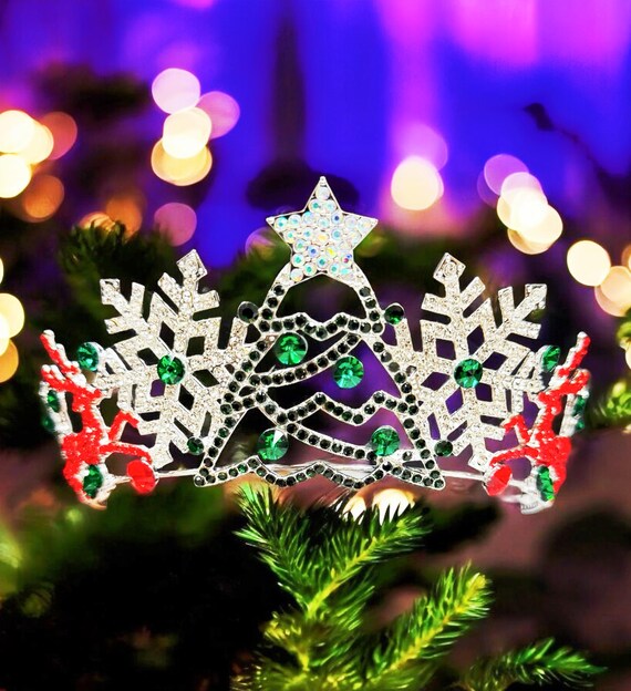 Christmas Crown, Reindeer Crystal Tiara, White Christmas Party, Xmas Tree Topper Amazon.com: PEIDUO Christmas Jeweled Crown Tree Topper  main image 2