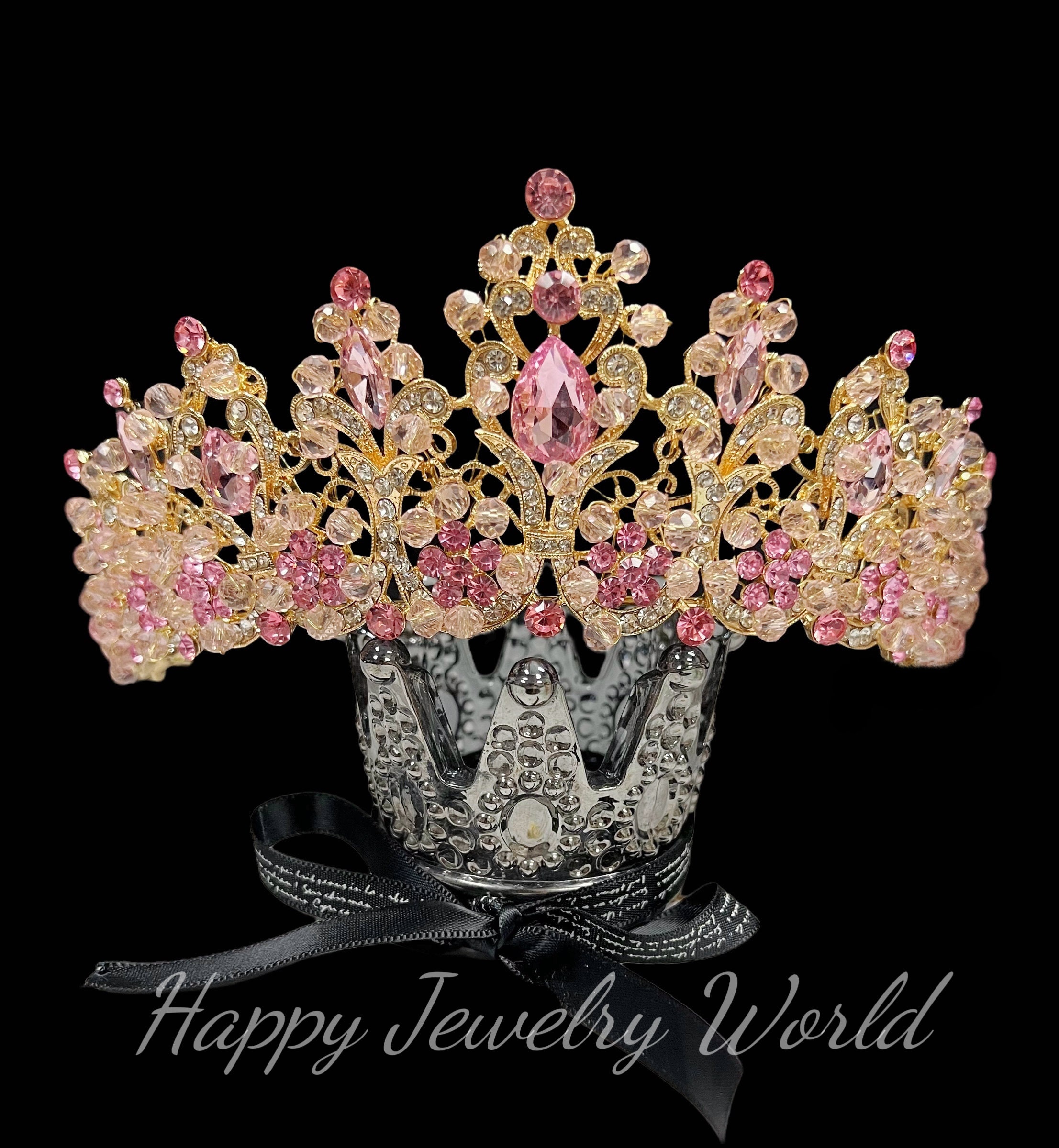 Victorian Gold Jewelry, Princess Crown, Goddess Jewelry, Pink Crystal Tiara Pink Crystal Wedding Tiara: Gold Goddess Crown, Bridesmaid  main image 4