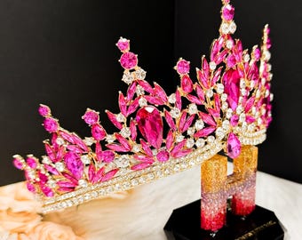 Gold Crystal Tiara, Fuchsia Crystal, Gemstone Tiara, Gold  display picture 2