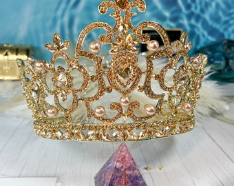 XL Royal Queen Gold Crown, Wedding Rhinestone Headpiece, Gala Formal Event, Renaissance Fair, Prom Hair Jewelry, Pageant Hair Accessories