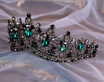 Baroque Bronze Black Green Crystal Bridal Tiaras Crown Vintage Rhinestone Diadem for Brides Headbands Wedding Hair Accessories, Gift for Her