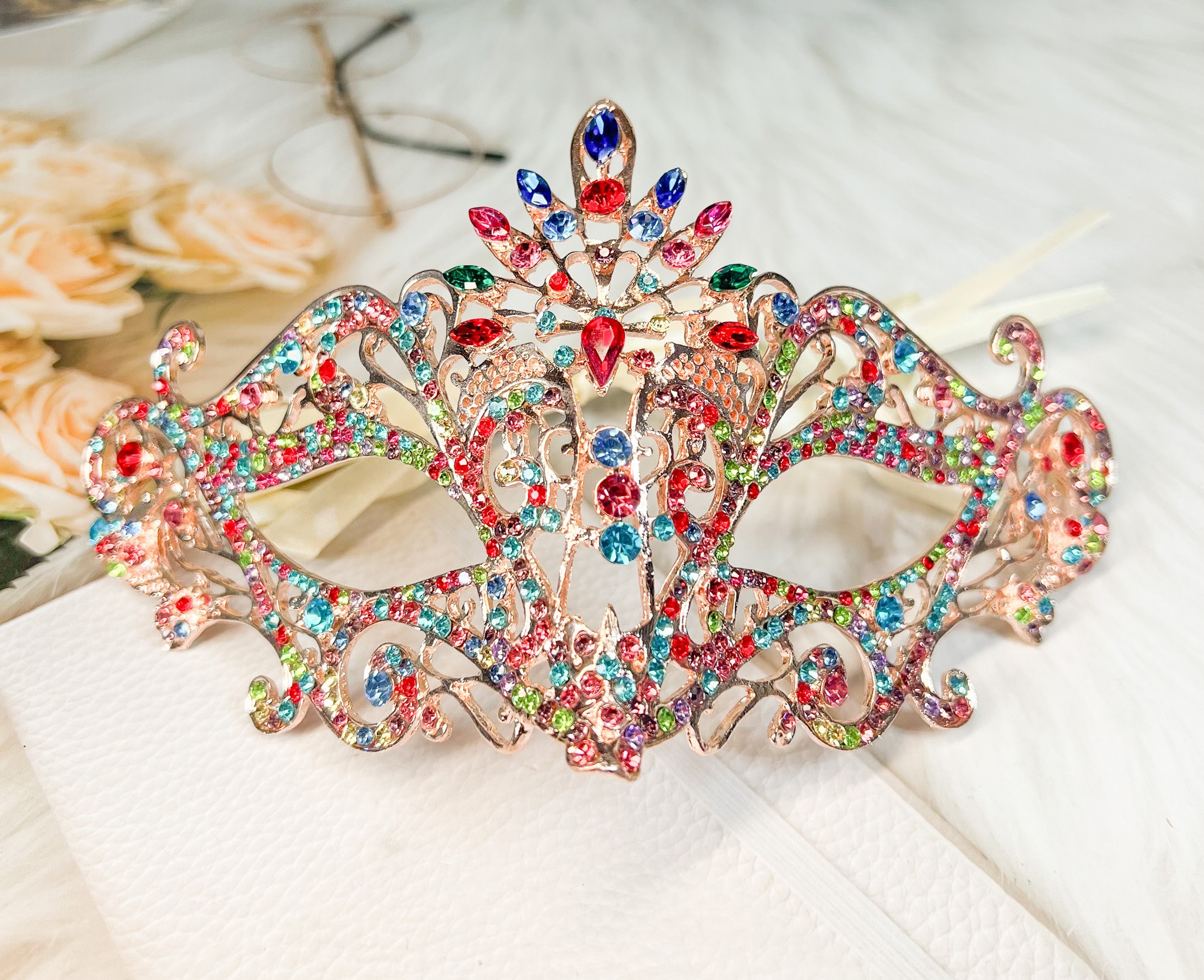 Rainbow Masquerade Mask, Crystal Handheld Mask, Gold Mask, Prom Mask, Pride Mask Pride – Masquerade Store main image 2