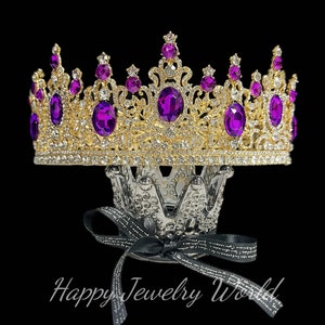 Royal Queen Crown for Women, Gold Wedding Crown, Purple Crystal Crown, Cosplay, Costume, Wedding Headpiece, Halloween Crown, Birthday Crown